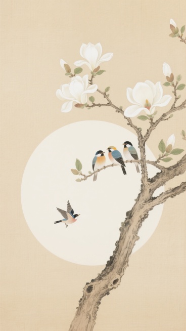 中国工笔画风格，淡雅米黄色背景，中央圆形留白区域，右侧伸出枝干遒劲的玉兰花枝，枝头点缀绽放的白色玉兰花与嫩绿新叶，三只色彩明快的小鸟栖息于枝头，另有一只小鸟展翅飞于圆形区域左下方，线条细腻流畅，色彩柔和温润，构图空灵简约，充满传统古风韵味与宁静雅致的意境。预览效果