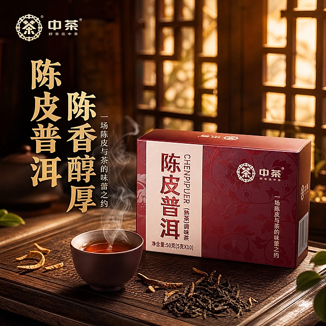 将产品盒融入沉浸式新中式茶饮氛围感场景。产品盒保持原图外观：酒红色包装盒，正面米白色竖条带烫金"陈皮普洱"大字，右侧中茶Logo和"一场陈皮与茶的味蕾之约"竖排文字，50克净含量标注。产品盒以45度角斜置于深木色茶席偏右位置，占画面约55%。产品左前方一只紫砂小茶杯，杯中盛有红浓透亮的普洱茶汤，杯口正冒着袅袅升腾的白色茶烟。茶席上散落几片干陈皮丝和深褐色普洱茶叶条索。背景是虚化的中式木窗格，暖黄色柔光从窗格透入，营造沉浸式午后品茗氛围。左上角放置中茶品牌Logo。画面左侧竖排主标题"陈皮普洱 陈香醇厚"，暖金色粗宋书法体，大字厚重；其下方副标题"一场陈皮与茶的味蕾之约"，米白色细黑体，字号约为主标题的40%。商业摄影质感，暖调侧逆光，产品表面自然光泽，茶汤通透反光，茶烟轻柔飘渺，阴影柔和。深枣红、暖棕、米金为主色调。800×800像素正方形。文字清晰可读，产品清晰完整不变形。负向：产品变形、色差、模糊、杂乱背景、水印、平台Logo、二维码、错字。