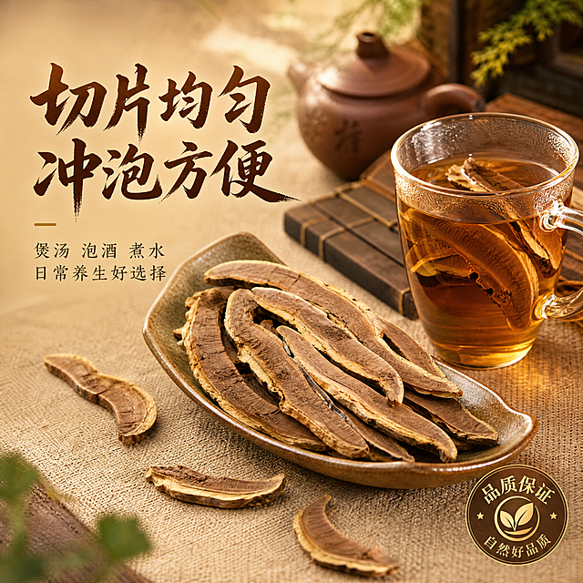 [主图-5] 主题：灵芝切片细节展示，突出切片品质与冲泡食用场景。
[统一基调] 中式养生风格，深木色渐变背景配暖金色光晕，主标题用粗笔书法体深棕色，辅助文案用细宋体浅金色，整体高端大气有山林自然气息。
[画面] 画面主体是多片切好的无柄赤灵芝片，整齐地堆叠摆放在古朴的陶瓷茶荷中，旁边有一个透明玻璃茶杯，杯中泡着灵芝片，茶水呈透亮的棕黄色，杯壁有轻微水雾。茶荷旁边还散落几片干灵芝片作为点缀。背景是浅米色的麻布纹理桌面，后方虚化有一个紫砂壶和几本草古籍，营造中式养生茶饮的氛围。左侧留白区域放置标题和食用说明。主体占画面约60%。
[光影质感] 美食摄影质感，柔和暖光从左上方照射，玻璃茶杯有通透的光泽和反光，灵芝片纹理清晰，茶水有通透的琥珀色泽，整体温暖诱人。
[配色] 背景主色浅米棕色，标题字色深褐色，辅助文字深棕色，强调色为琥珀金色。整体色调温暖舒适，有生活气息。
[文字版式] 左侧主标题"切片均匀 冲泡方便"用粗笔书法体深棕色。下方有三行小字号辅助说明"煲汤 泡酒 煮水 日常养生好选择"，用细宋体，字号为主标题的40%。右下角有一个小型的品质保证图标。文字不遮挡主体。
[输出要求] 800*800像素正方形，产品清晰完整不变形，文字清晰可读，无水印无平台Logo，画面干净有品质感。禁止出现"产地直发"字样。禁止医疗功效宣传。禁止绝对化用语。