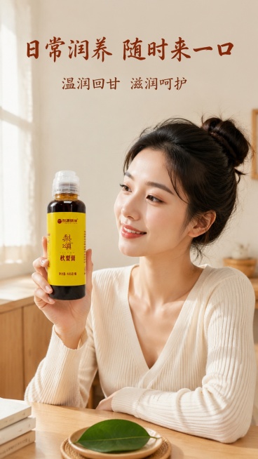 [第5屏] 模特展示屏-半身亚洲模特手持梨颂秋梨膏产品展示，分享日常润养场景。本屏使用【图1】作为商品主体。
[氛围/风格] 温馨居家生活场景，自然暖光，舒适治愈分享氛围。
[元素布局] 模特肩部以上预览效果