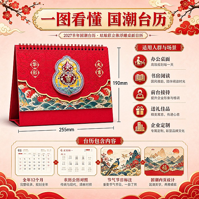 [主图7-尺寸规格] 2027羊年国潮台历 珐琅彩立体浮雕桌面日历 尺寸规格信息图，规格255*190mm。
[统一基调] 国潮新中式风格，正红色主色调，珐琅彩多彩配色，金色描边，高端喜庆，立体浮雕质感。
[画面] 画面左侧展示台历正面缩略图，旁边用引线标注尺寸：宽度标注"255mm"，高度标注"190mm"，台历立体放置展示三角支架结构。画面右侧用图标+文字形式展示适用人群和场景：办公桌面、书房阅读、前台接待、送礼佳品、企业定制。底部展示台历包含内容：全年12个月、农历公历对照、节气节日标注、国潮内页设计。背景为浅红色渐变，顶部有国潮祥云和梅花装饰。
[光影质感] 信息图风格，台历部分保持真实产品质感，珐琅彩有光泽，信息图标清晰明了，整体排版规整。
[配色] 浅红背景，红色标题，金色点缀，深色说明文字，清晰易读。
[文字版式] 顶部主标题："一图看懂 国潮台历"，红色粗体大字配金色底纹；尺寸标注黑色数字加单位mm；右侧五个适用场景红底圆图标配文字；底部功能清单。整体排版整齐，信息层级分明。尺寸数字必须准确：宽255mm 高190mm。
[输出要求] 1:1正方形比例，信息清晰可读，尺寸标注准确。负向：变形、错字、尺寸错误、信息混乱、模糊、水印。