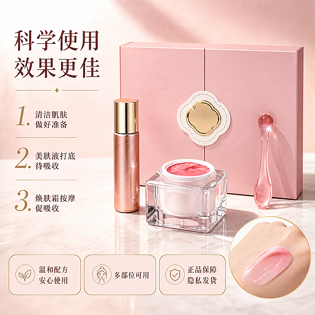 [主图-3] 产品套装全家福展示，使用方法与产品质地结合，体现完整护肤体验。
[统一基调] 整体风格为轻奢高级护肤风，背景主色为柔雾粉渐变，标题字色为深玫瑰金，辅助字色为暖棕色，强调色为香槟金，字体为优雅细衬线体，字号层级分明，卡片和图标采用细金线圆角样式，整体柔光通透质感。
[画面] 画面中央展示完整套装：后方是粉色双开礼盒，正面有四叶草形状的金色装饰扣；礼盒前方左侧是玫瑰金色细长喷雾瓶（美肤液），中间是透明水晶方瓶焕肤霜（开盖状态，可见内部粉红色膏体），右侧是粉色透明按摩小勺。三件产品呈弧形排列，整体占画面约55%。产品放置在白色大理石质感台面上，背景是柔雾粉色渐变，有柔和的光影效果。画面右下角有一个圆形小插图，展示手背涂抹膏体的质地特写，膏体细腻有光泽。
[光影质感] 商业摄影级柔光质感，主光从左上方照射，每个产品都有清晰的高光和柔和的阴影，玻璃和金属材质反光真实，礼盒表面有细腻的哑光质感。整体光影柔和温暖，突出产品的高级感。
[配色] 主色柔雾粉，产品本身的透明水晶色、金色、玫瑰金色、粉红色膏体作为主要视觉元素，搭配白色大理石台面，整体色调和谐高级。
[文字版式] 画面左上方主标题大字"科学使用 效果更佳"，深玫瑰金色细衬线体。主标题下方三行步骤说明，每行前面有金色数字序号："1 清洁肌肤 做好准备""2 美肤液打底 待吸收""3 焕肤霜按摩 促吸收"，暖棕色字体。画面底部放置三个圆角小标签："温和配方 安心使用""多部位可用""正品保障 隐私发货"，标签为浅粉色底配金色细边框，文字为深玫瑰金色。文字均放在画面左侧和底部负空间，不遮挡产品主体。
[输出要求] 比例1:1，文字清晰可读，产品清晰完整不变形，无错字，无杂乱元素，无水印，无平台Logo。禁止出现医疗功效、绝对化用语、特殊功效化妆品相关违规表述。