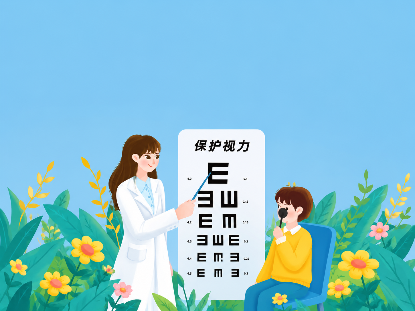 参考图片的扁平插画风格，画面内容为女士穿着白色大褂，给孩子做视… - 图片创意预览