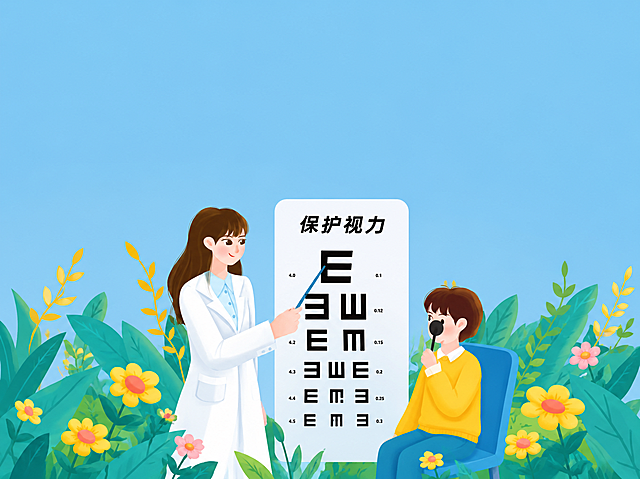 参考图片的扁平插画风格，画面内容为女士穿着白色大褂，给孩子做视力检测，画面上方留白，保护视力主题，植物花草背景