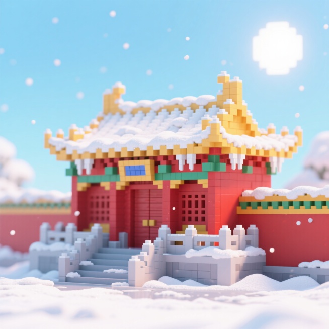 冬季白雪皑皑的故宫博物院全景，浅蓝色渐变背景预览效果