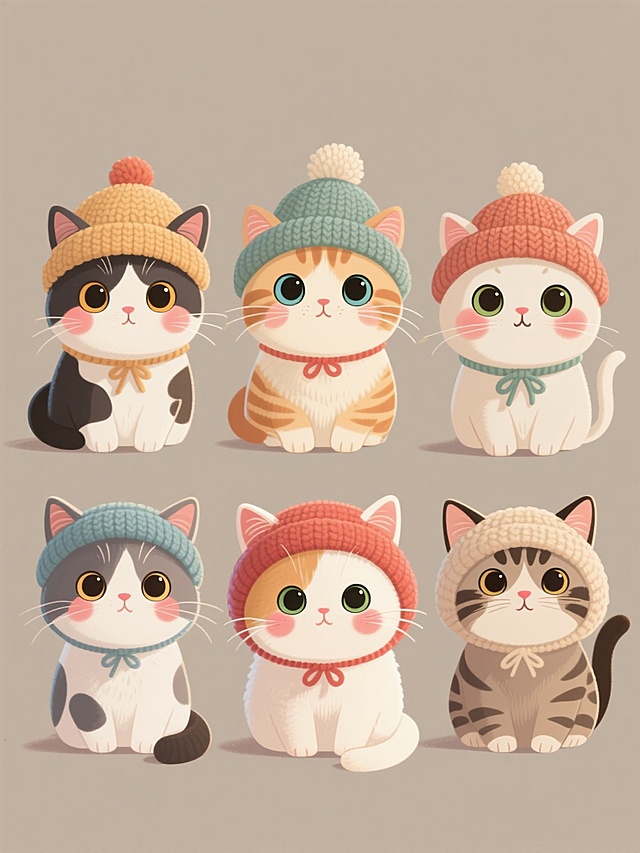 一组由6只不同品种猫咪组成的集合插画，每只猫咪均佩戴具有创意针织质感的特色帽子，整体采用简约纯色背景，保持温暖治愈的萌系风格，画面色彩变换丰富且每只猫咪拥有独特配色方案，猫咪面部表情生动，眼睛明亮有神，脸颊带有自然红晕，整体构图规整排布，呈现出清晰的视觉层次和统一的设计感，细节精致，光影柔和，营造出可爱温馨的氛围。