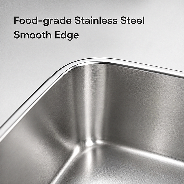 [Main Image 3] Material detail display of stainless steel tray. Keep product structure consistent with input image. Close-up macro shot of the tray's inner corner and rounded edge. Use side backlight to highlight the thickness of the stainless steel and the smoothness of the polished edges. Light gray gradient background, focus on the material detail, sharp details. Text description: Food-grade Stainless Steel  Smooth Edge, placed in the upper negative space, simple font, clear contrast. 1:1 ratio, 4K resolution. Negative prompt: deformation, blurring, watermark, messy background.