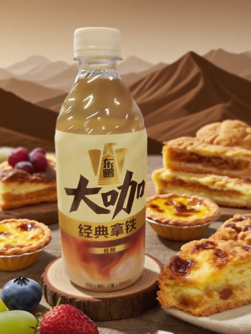 保持主体外观和形状。主体放置一根木块上，搭配蛋挞、蛋糕、饼干、水果。以暖棕色调远山为背景，营造古朴自然且高级的质感。一键换背景，电商商品图预览效果