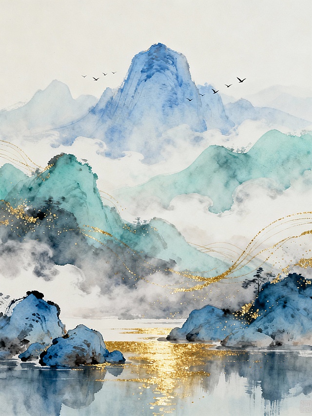 新中式水墨风格山水画，以淡蓝色和青灰色为主色调，点缀金色细闪和鎏金线条，营造宁静悠远、空灵缥缈的意境。画面采用深远构图，前景为淡蓝色的岩石与平静水面，水面倒映着金色光辉，中景是层叠的淡青色山峦，被轻薄的云雾缭绕，远景是朦胧的淡蓝色主峰，山间有几只飞鸟点缀。整体笔触柔和，色彩过渡自然，水墨晕染效果明显，金色元素增添了雅致与贵气，展现出东方美学的空灵与禅意。