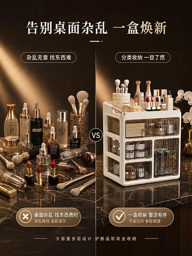 [详情-2] 痛点对比页，杂乱桌面vs收纳后整洁，突出收纳盒解决效果。
[商品] 使用参考图轻奢奶油风化妆品收纳盒；右侧收纳后状态使用完整产品，左侧杂乱状态不出现收纳盒。
[画面] 左右分栏对比构图，中景景别。左侧为痛点场景：深咖色大理石桌面上化妆品杂乱堆放，口红倒放、精华瓶东倒西歪、化妆刷散落各处，配文字「桌面杂乱 找东西费时」。右侧为解决后场景：同款桌面上奶白色收纳盒整齐摆放，所有化妆品分类收纳进抽屉和顶格，桌面干净整洁，配文字「一盒收纳 整洁有序」。中间用细香槟金竖线分隔，顶部有大标题统领。
[视觉] 套系策略：风格=轻奢高级感商业摄影；标题字=精致衬线体+无衬线粗体组合；正文字=简洁无衬线体；主色=深咖色；背景延展=基于深咖色做大理石台面、墙面渐变、暖金色光晕；强调色=香槟金，仅用于分隔线、图标和标签；标题色=奶白色/香槟金；正文色=浅米色；组件=左右对比分栏、香槟金分隔线、圆角标签；光影=左右两侧光影统一，均为侧逆光+柔光。
[文字] 顶部居中主标题「告别桌面杂乱 一盒焕新」，左侧上方标签「杂乱无章 找东西难」，右侧上方标签「分类收纳 一目了然」，底部小字说明「大容量多层设计 护肤品彩妆全收纳」。
[规格] 3:4竖版比例，4K分辨率，对比清晰效果明显。负向：变形、错字、模糊、过度夸张、水印、平台Logo、冷蓝色调。