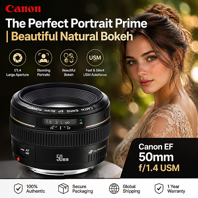 根据佳能EF50 f/1.4 USM产品图生成6张带场景突出产品卖点的速卖通主图，高转换率，英文文案，文案清晰，图标完整