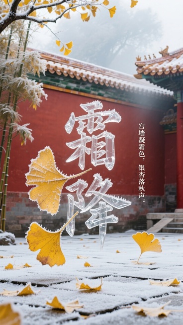 画面主体是由半透明霜晶、金黄银杏叶拼接成的 “霜降” 大字，大字在覆有薄霜的朱红色宫墙枝桠前，枝桠下是铺着浅霜的青石板地面，地面散落几片带霜银杏叶；有小字竖排“ 宫墙凝霜色，银杏落秋声 ”；背景为晨雾预览效果