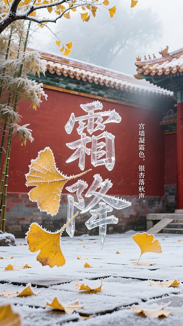 中式古典意境，霜降节气。冰晶大字浮雕风与玻璃质感结合，银杏叶覆霜飘落，红墙古建筑背景，静谧清透，唯美文艺。