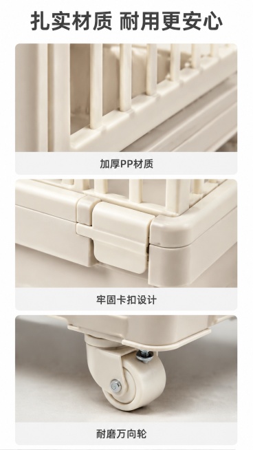 [第7屏] 材质细节微距展示，展示猫笼材质工艺。本屏使用【图1】提取细节。
[氛围/风格] 微距特写展示，清晰真实，突出材质质感
[元素布局] 画面分别展示三个局部细节：栏杆材质特写、拼接卡扣特写、滚预览效果