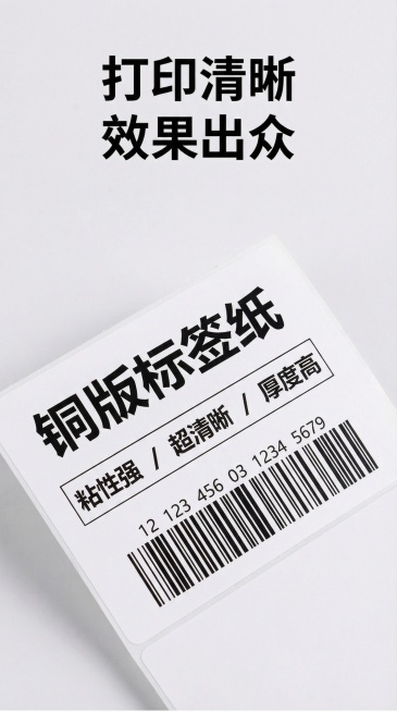 拼多多商品详情图，第三张，展示铜版纸不干胶标签纸，简约风格，突出打印清晰卖点，特写展示已经打印好条码文字的标签纸，清晰展示打印效果，干净背景，标题文字"打印清晰 效果出众"，整体简约干净突出产品特性预览效果
