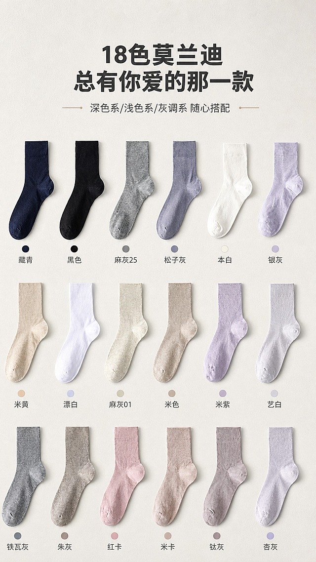 [商品] 使用【图1】中的全部18色中筒袜，保留每只袜子的中筒版型、针织棉材质、各款颜色和袜口袜跟结构；商品处理：自然理顺袜型，增强针织纹理质感，去除原图格子线和文字标签，不改变袜子颜色和版型。
[画面] 页面目标：多色系列展示——18色矩阵。画面采用3行×6列矩阵排列，18只袜子整齐平铺，每只下方对应一个小圆点色标+色名（藏青、黑色、麻灰25、松子灰、本白、银灰、米黄、漂白、麻灰01、米色、米紫、艺白、铁瓦灰、朱灰、红卡、米卡、钛灰、杏灰）；上方留白放标题；产品矩阵占画面约70%；背景为浅灰色带细腻纸张质感；阅读动线从上到下。
[视觉] 套系策略：风格=极简高级日系杂志风；标题字=现代无衬线粗体（思源黑体Heavy）；正文字=简洁无衬线体（思源黑体Regular）；主色=莫兰迪灰调；背景延展=基于浅灰做深浅层级渐变、同色系柔和过渡和细腻纸张/织物质感；强调色=奶茶棕，仅用于小面积图标、引线和标签；标题色=深炭灰；正文色=中暖灰；组件=圆角浅底信息卡、细线引线、极简色标；光影=顶部均匀柔和漫射光，每只袜子底部带轻微投影。
[文字] 画面上方居中放主标题"18色莫兰迪 总有你爱的那一款"，主标题下方放副标题"深色系/浅色系/灰调系 随心搭配"；每只袜子下方配小号色名文字；文字横排，字号层级清晰，手机端可读；不遮挡袜子主体。
[规格] 图片比例9:16竖版，4K，避免变形、错字、文字过小、袜子颜色改变、版型失真、格子线、原图文字标签残留、冷蓝/蓝灰背景。