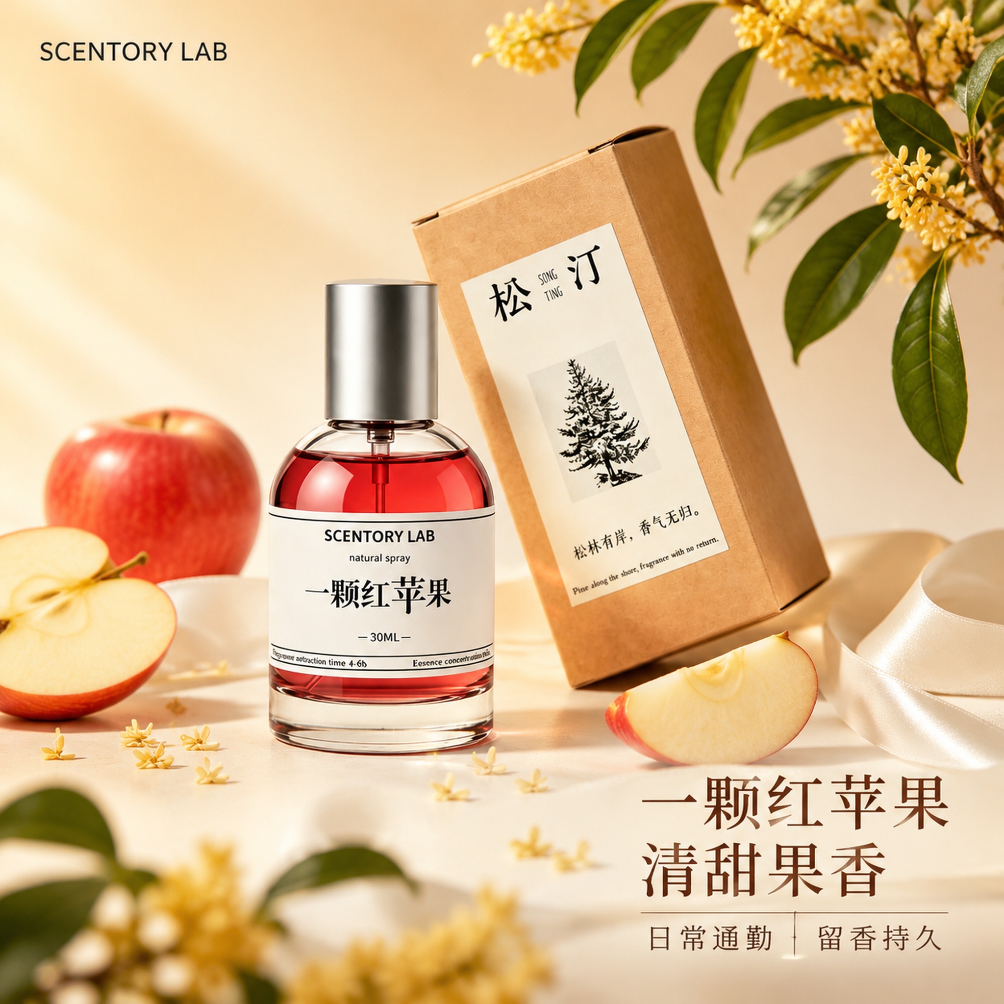 电商香水主图，一颗红苹果香水场景图。参考图风格：温暖治愈系商业… - 图片创意预览