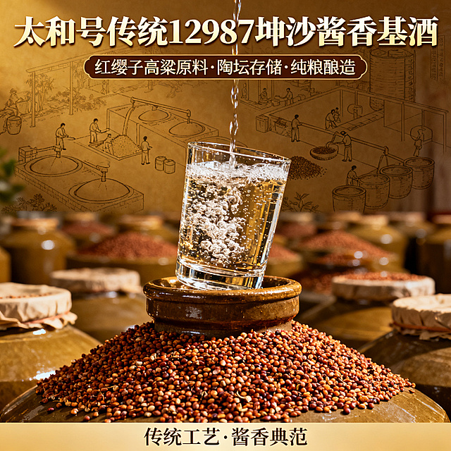 太和号酒厂传统12987坤沙工艺酱香基酒，红缨子高粱原料，陶坛存储，展示酒液酒花，纯粮酿造，传统工艺，电商宣传风格