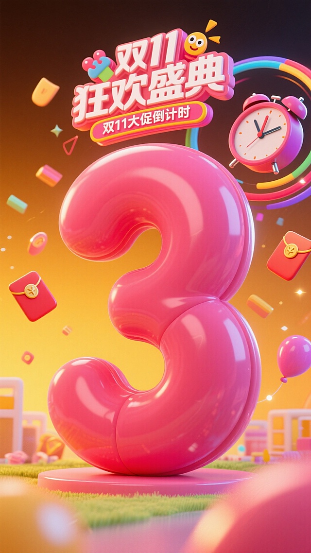 巨型玫红色气球质感数字 “3”，顶部设置 “狂欢盛典” 主题标签（带卡通装饰元素），搭配 “双11大促倒计时 ”文字，背景采用亮黄橙渐变，融入炫光、彩色闹钟、红包等装饰元素，整体营造紧迫的促销倒计时氛围