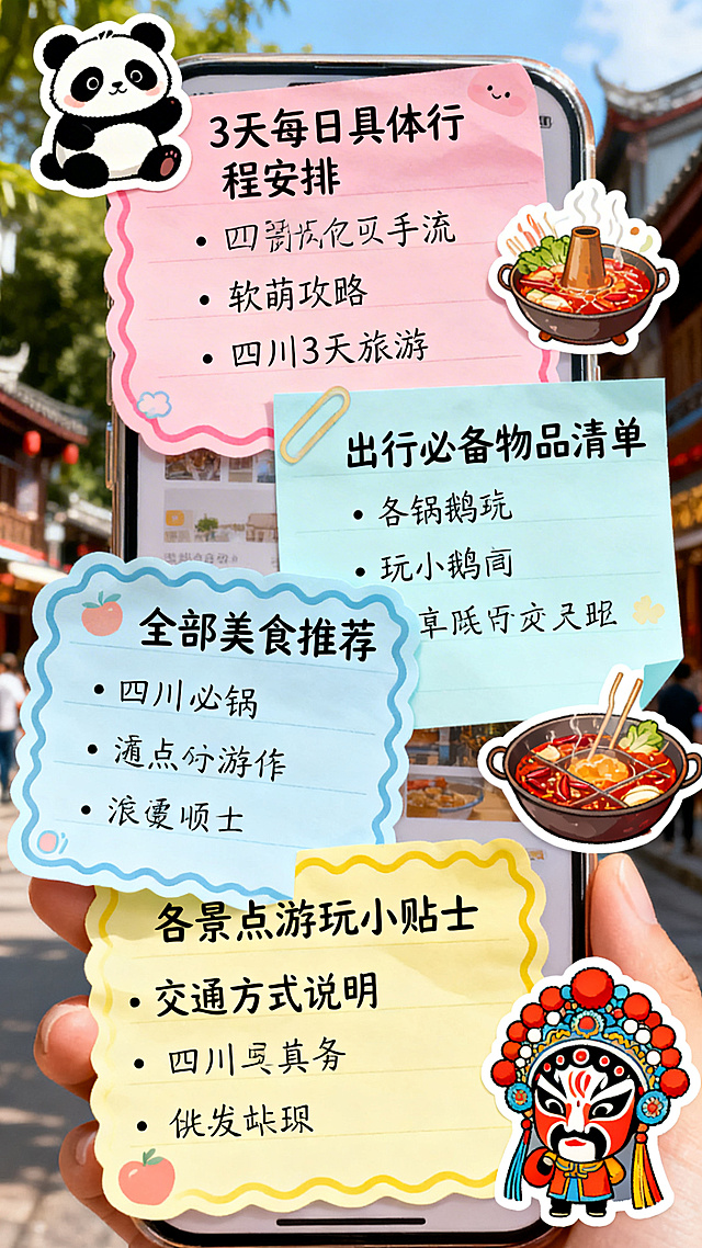 可爱软萌手账风四川3天旅游攻略一图流，用手绘熊猫、火锅、川剧变脸等可爱贴纸做装饰，文字内容极其丰富，手写字体完整展示3天每日具体行程安排、出行必备物品清单、全部美食推荐、各景点游玩小贴士、交通方式说明，每块内容用彩色便签边框区分，信息完整清晰，整体活泼治愈，适合手机阅读。
