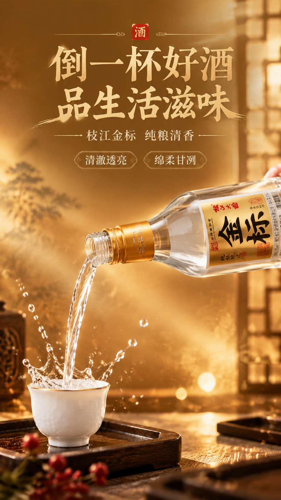 [商品] 使用【图1】枝江大曲金标白酒；保留透明玻璃瓶身、金色… - 图片创意预览