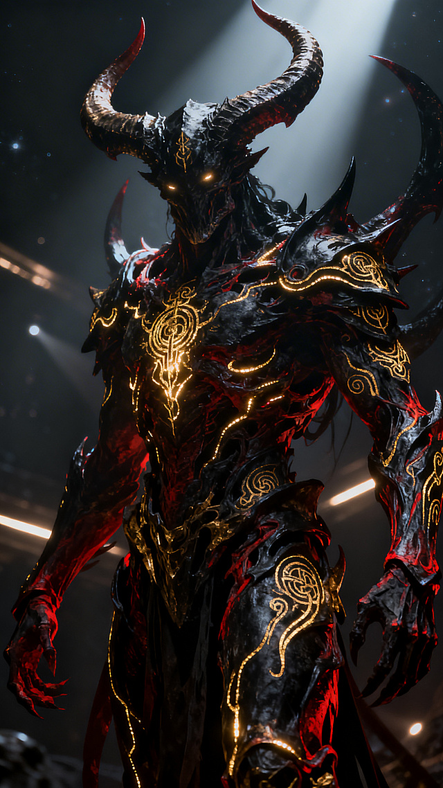 3D角色风暗黑恶魔，哥特风格金属铠甲镶嵌鎏金符文，酷炫神秘，光影冲击感十足，宛如深渊降临。