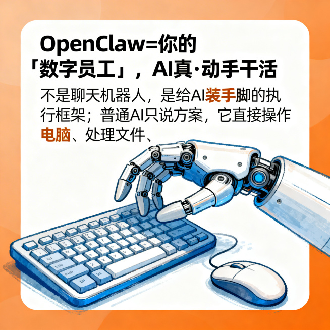 手绘风格图文卡片封面，标题：OpenClaw=你的「数字员工」，AI真·动手干活；核心文案："不是聊天机器人，是给AI装手脚的执行框架；普通AI只说方案，它直接操作电脑、处理文件、跑流程，24小时干活预览效果