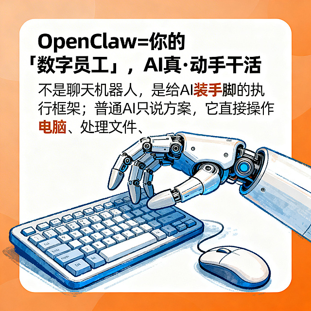 手绘风格图文卡片封面，标题：OpenClaw=你的「数字员工」，AI真·动手干活；核心文案："不是聊天机器人，是给AI装手脚的执行框架；普通AI只说方案，它直接操作电脑、处理文件、跑流程，24小时干活"；背景简洁，主视觉为一只机械爪（Claw）握着键盘与鼠标，象征AI动手执行；配色科技蓝+活力橙；整体清新专业，适合职场传播