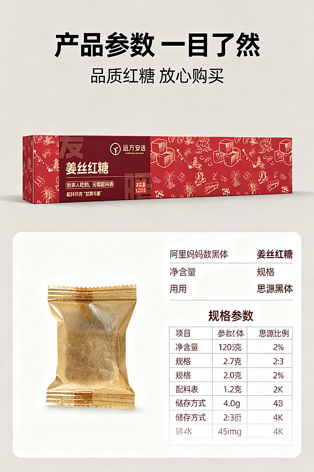[第7屏] 规格参数与产品信息展示屏，远方安选姜丝红糖。保留产品外观完全不变，禁止改动。
[氛围/风格] 简约规整信息风，清晰易读，高级排版，设计感强，背景不单调。
[元素布局] 左右结构，左侧上下放置产品包装盒【图1】+一块独立包装【图2】，保留两者原有外观完全不变，占比约40%；右侧放置产品信息和配料参数表格，从上到下依次为产品名称、净含量、规格、配料表、储存方式，排版整齐，表格线条简约。
[光影质感] 产品区域柔光照明，信息区域干净平整，整体明暗均匀清晰。
[配色色系] 全局底色浅暖灰色，主色产品红褐和牛皮纸色，辅助色浅灰色表格线条，深褐色文字。
[视角构图] 正面平视，左右平衡构图，信息清晰易读。
[文字版式] 顶部主标题"产品参数 一目了然"，阿里妈妈数黑体，顶部居中，不超过20字；副标题"品质红糖 放心购买"，思源黑体，不超过20字，放在主标题下方；右侧参数表格中，参数名称阿里妈妈数黑体，参数内容思源黑体，所有文字清晰可读，不遮挡产品主体，字体统一。
[比例分辨率] 2:3竖版比例，4K分辨率，文字清晰可辨，高清画质。
[负向提示词] 产品变形，信息错误，表格错乱，文字模糊，背景杂乱，改动产品外观。