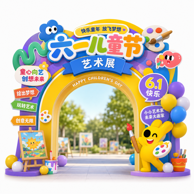 六一儿童节艺术展的门头设计，参考原图卡通活泼风格，颜色鲜艳，包含六一儿童节主题元素和艺术展门头结构预览效果