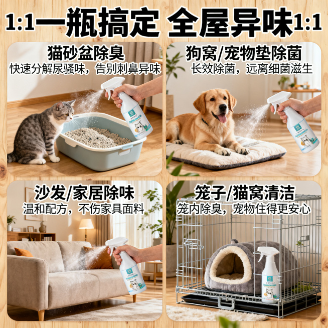 1:1正方形电商副图，温馨原木风背景，顶部加粗大字主标题"一瓶搞定 全屋异味"。画面分为四个场景块展示，每个场景包含场景图和文字说明，喷雾动作清晰：场景1：猫咪在猫砂盆旁，喷雾对着猫砂盆喷洒，文字"猫预览效果