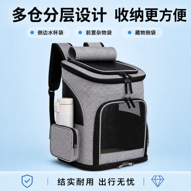 外出便携大空间猫咪双肩背包可扩展狗狗双肩包小型犬黑色宠物背包「图片1」生成淡蓝色背景，生成卖点预览效果