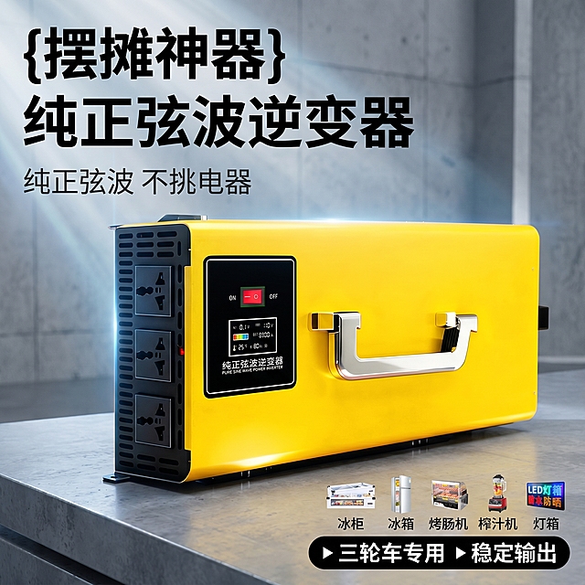 [主图 1] 三轮摆摊专用纯正弦波逆变器首图。
[氛围风格] 科技质感，高对比度，醒目吸睛
[画质] 商业摄影质感、光线通透、产品清晰真实、画面干净高级
[元素] 黄色纯正弦波逆变器居中放置在灰色质感台面，保持产品外观（物理结构、材质质感、颜色）与输入产品图绝对一致，杜绝任何变形和色差，精细化处理。商品主体占比约70%，画面满屏无边框。背景为简约工业风，点缀微弱体积光，突出产品科技感。标注可适配设备，如冰柜、冰箱、烤肠机、榨汁机等小图标阵列排列在右下角。
[光影] 冷调侧光主光源，勾勒产品金属轮廓边缘高光，黑色格栅部分自然阴影，整体对比清晰，质感真实。
[配色] 主色调产品黄+工业灰，文字用白色和黑色，强对比清晰易读
[视角构图] 平视四分之三视角，景深适中，产品居中完整不裁切
[文字版式] 左上安全边距左对齐，主标题“{摆摊神器} 纯正弦波逆变器”黑色粗体最大号无衬线，副标题“纯正弦波 不挑电器”字号缩小一半，深灰色。右下卖点胶囊标签：▶ 三轮车专用 ▶ 稳定输出，清晰标注。
[比例分辨率] 1:1 比例，2k 分辨率；文字清晰锐利，画面超高清
[负向提示词] 变形，水印，文字错乱，产品图模糊，背景杂乱，遮挡主体