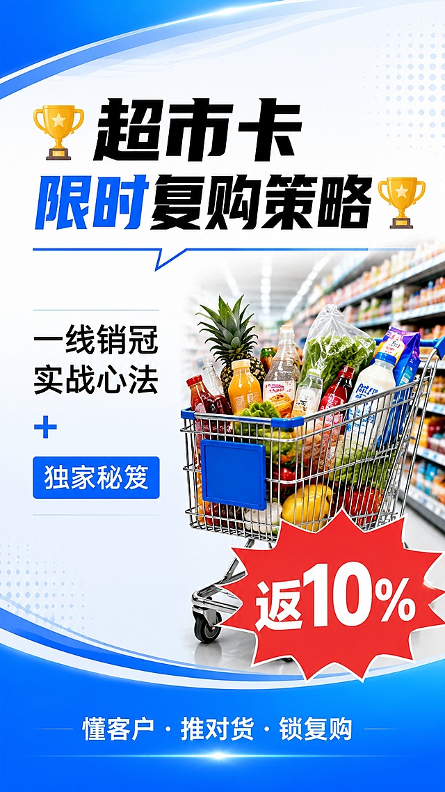 [第1屏] 超市卡限时复购策略微信长图头图封面。[氛围/风格] 清晰专业商务风，符合分期乐品牌调性，模块化排版，一屏一主题，商业设计质感。[元素布局] 顶部放置奖杯emoji装饰的主标题区域，中部右侧放置一张超市购物车装满各类商品的实景图，左侧留出副标题区域，右下角添加醒目的红色爆炸贴，爆炸贴内标注白色文字“返10%”，底部放置品牌标语。所有文字排版整齐，不遮挡主体内容。[配色色系] 全局使用分期乐渐变花纹蓝色作为主色调，红色用作强调色突出返现信息，白色作为背景底色，黑色正文清晰可读。[文字版式] 主标题：“🏆 超市卡限时复购策略”，思源黑体Bold醒目字体；副标题：“一线销冠实战心法 + 独家秘笈”，常规字体；底部标语：“懂客户 · 推对货 · 锁复购”。标题放在顶部，主标题字号最大，副标题次之，标语放在最底部，层级分明。[比例分辨率] 宽高比9:16，2K分辨率，文字清晰可辨，高清画质。[负向提示词] 文字错乱，文字过小，水印，变形，颜色偏差，背景杂乱
