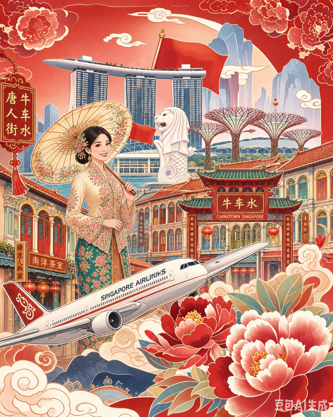 将图中的宇航员替换为穿着娘惹服饰的小娘惹人物形象，高铁替换为飞… - 图片创意预览