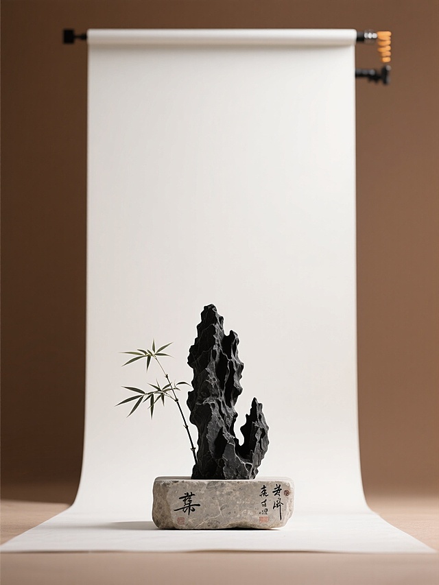 中式古典水墨风，微缩艺术展现竹石意境，卷轴背景增添文艺气息。