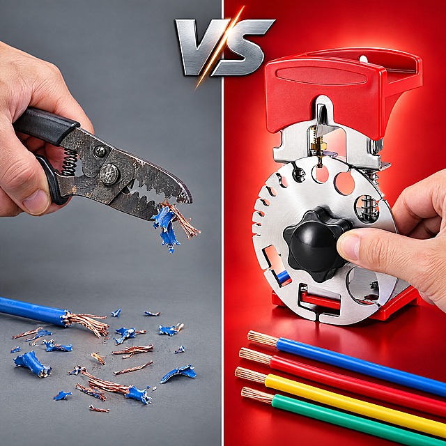 e-commerce comparison infographic, left side gray background showing traditional wire stripper with hand struggling to strip wire, broken copper wire and damaged insulation beside, right side red gradient background showing stainless steel wire stripper with hand easily turning knob and neatly stripped wires, vertical line dividing two sides, big VS at top, commercial photography style, clear contrast, 1:1 square, product clear, no watermark, no text