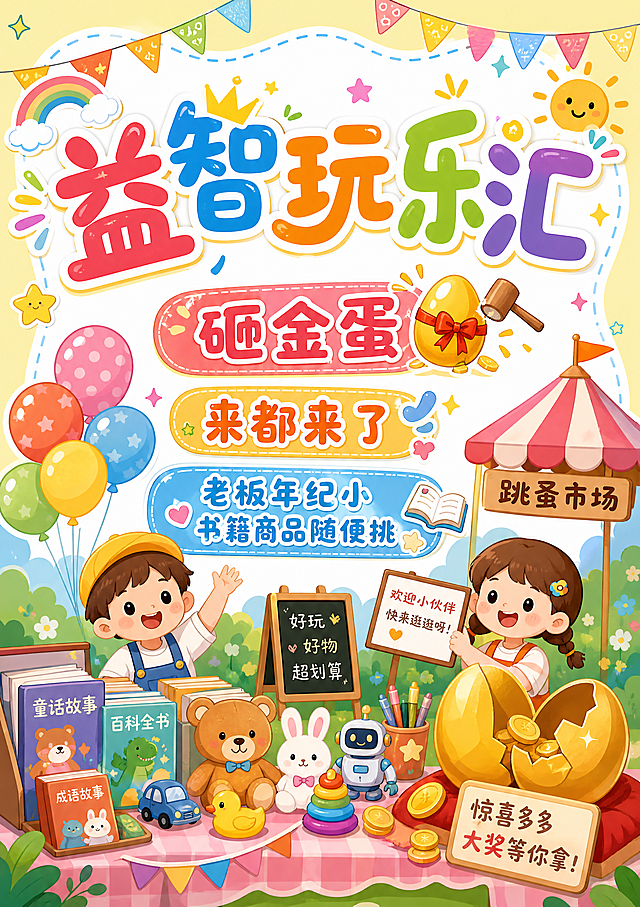 跳蚤市场活动海报，主标题文字为"益智玩乐汇"，副标题文字为"砸金蛋/来都来了/老板年纪小书籍商品随便挑"，整体风格可爱，使用活泼可爱的字体设计，布局清晰适合A3尺寸打印，色彩明亮活泼，卡通童趣风格