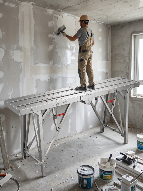 室内装修施工现场，工人正在使用不锈钢折叠马凳刮腻子，工人站立在马凳上操作墙面，马凳放置在未完工的毛坯房内，墙面有正在施工的腻子痕迹，整体场景真实自然，突出马凳在实际施工中的使用状态，保持马凳外观（物理预览效果