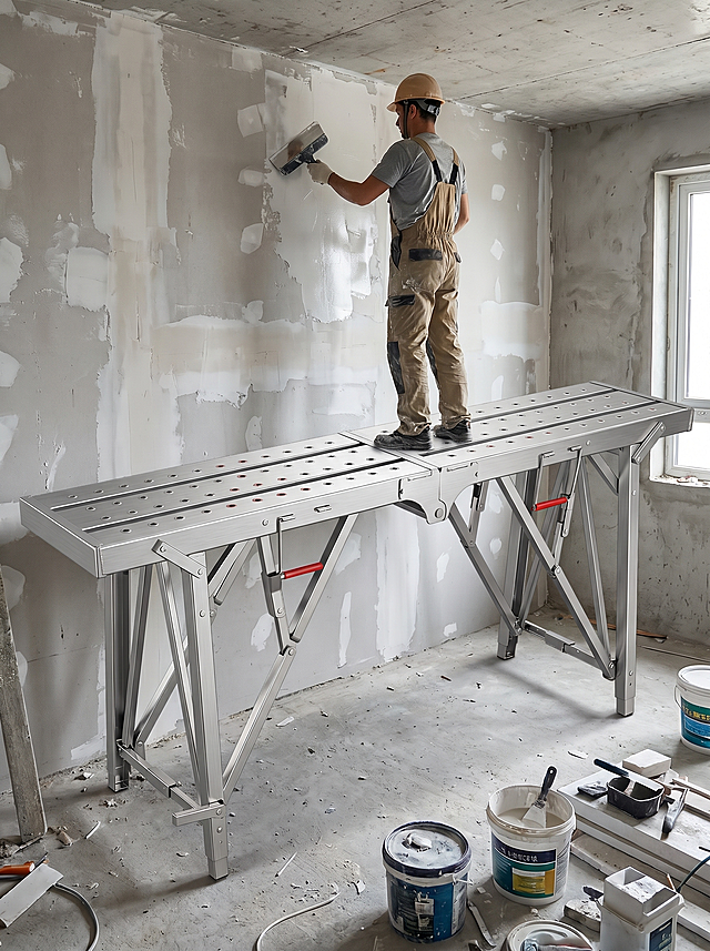 室内装修施工现场，工人正在使用不锈钢折叠马凳刮腻子，工人站立在马凳上操作墙面，马凳放置在未完工的毛坯房内，墙面有正在施工的腻子痕迹，整体场景真实自然，突出马凳在实际施工中的使用状态，保持马凳外观（物理结构、材质质感、颜色）与输入图片一致，商业摄影质感，光线均匀自然，尺寸750*1000，超高清，负面提示词：变形，水印，文字错乱，马凳结构错误，背景杂乱