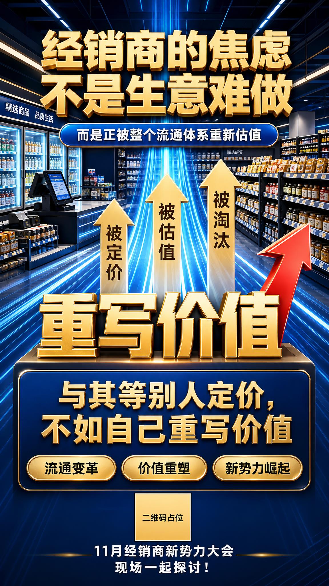 参考图风格的竖版9:16经销商大会海报，深蓝金配色，3D立体大… - 图片创意预览