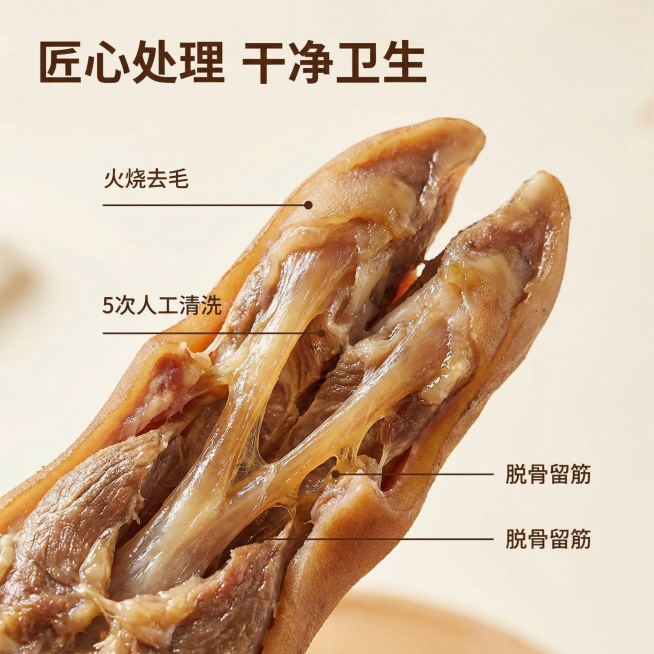 [主图 2] 大牛蹄工艺核心亮点展示
[氛围/风格] 写实生鲜风格，自然暖光，清晰通透
[画面元素] 切开的牛蹄展示脱骨留筋的细节，保留原产品纹理和外观，用纤细引线标注产品各部位特点，背景干净突出主体预览效果