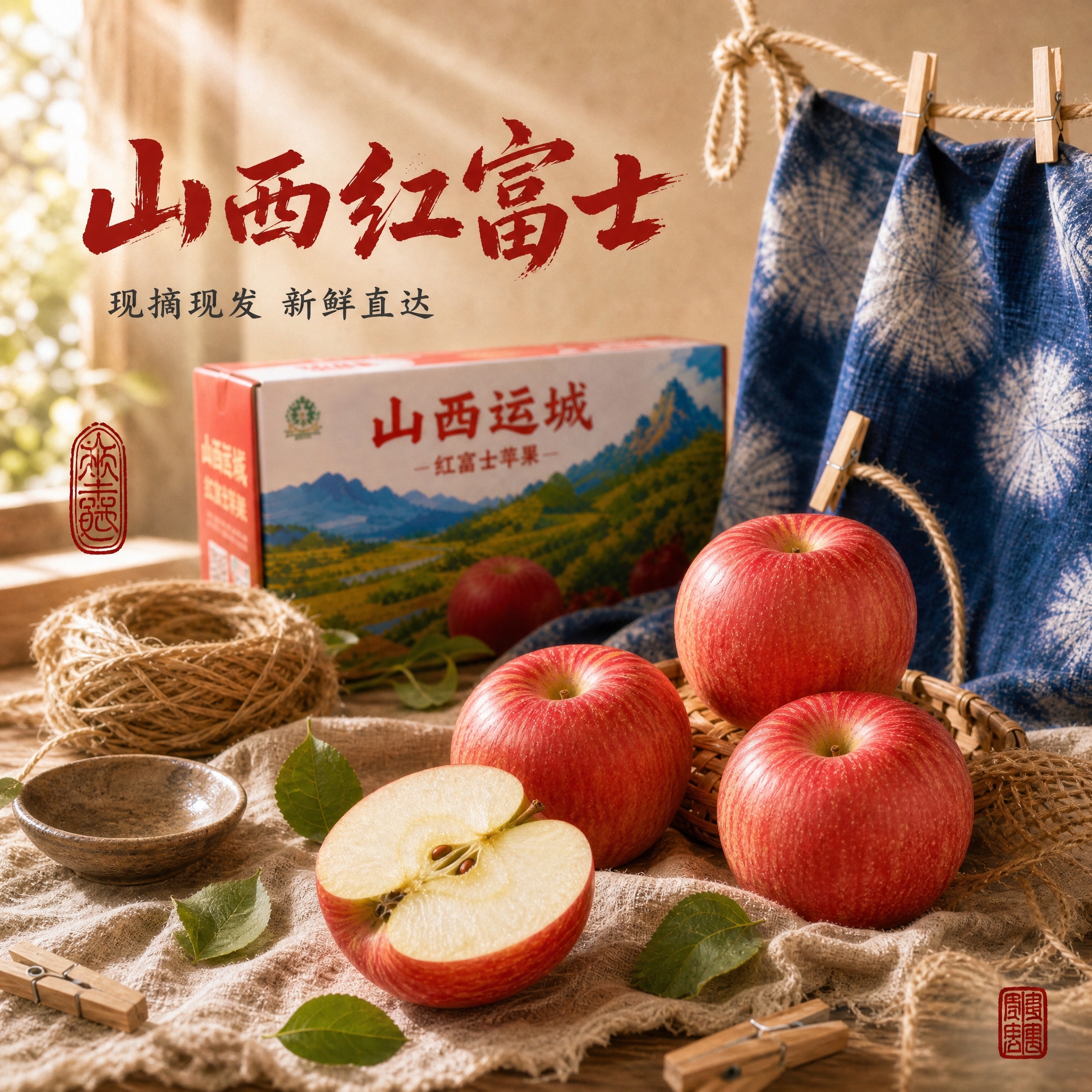 原生态质朴风格电商主图海报，木桌窗台场景。画面左上角有赤红色手… - 图片创意预览