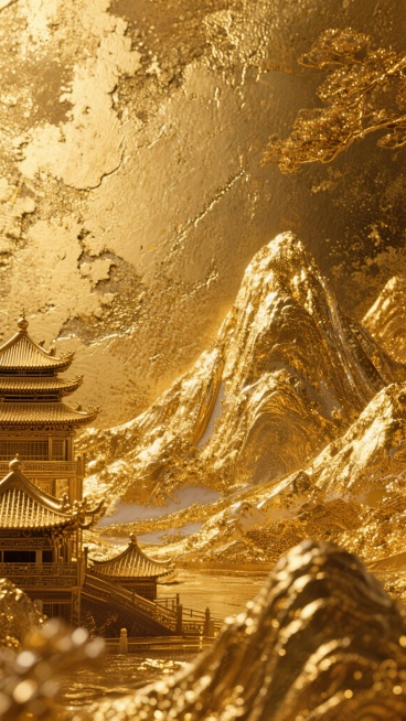 金色主色调，带有粗糙纹理和斑驳质感的背景，融入中国传统金山元素，整体呈现出国风奢华的视觉效果，金色的光泽感和纹理细节丰富，营造出典雅而高贵的氛围。预览效果