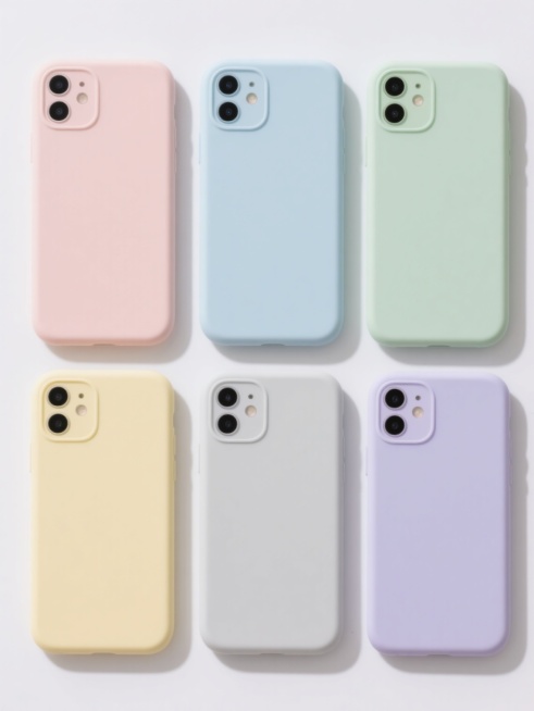 六个现代简约风格智能手机壳的正面视图，呈规整矩形网格排布，每个手机壳保持相同的圆角矩形轮廓和后置摄像头模组设计，整体为光滑细腻的哑光质感，分别呈现淡粉色、浅蓝色、浅绿色、浅黄色、浅灰色和浅紫色的纯色外观，背景为纯白色，无任何文字、logo或水印，光线均匀柔和，阴影浅淡，突出材质的细腻感和色彩的纯净度。预览效果