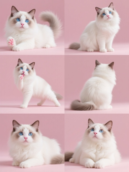 一组6个同系列素材集合，每个元素均为同一只布偶猫，保持其蓬松雪白长毛、渐变浅灰棕色耳朵和尾巴尖、天蓝色杏仁状大眼睛、粉鼻头及粉红色肉垫的核心特征，整体画面采用统一的浅粉色纯色背景，延续原图像的超写实摄影风格，细腻捕捉毛发的纹理质感与光泽，柔和的自然光从上方45度角照射形成轻微阴影增强立体感；6只布偶猫分别呈现完全不同的造型与角度：1. 正面坐姿歪头看镜头，2. 左侧卧姿舔舐爪子，3. 站立伸懒……预览效果