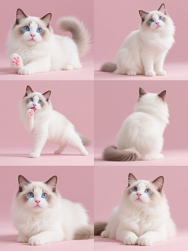 一组6个同系列素材集合，每个元素均为同一只布偶猫，保持其蓬松雪白长毛、渐变浅灰棕色耳朵和尾巴尖、天蓝色杏仁状大眼睛、粉鼻头及粉红色肉垫的核心特征，整体画面采用统一的浅粉色纯色背景，延续原图像的超写实摄影风格，细腻捕捉毛发的纹理质感与光泽，柔和的自然光从上方45度角照射形成轻微阴影增强立体感；6只布偶猫分别呈现完全不同的造型与角度：1. 正面坐姿歪头看镜头，2. 左侧卧姿舔舐爪子，3. 站立伸懒腰，4. 背面蹲坐尾巴圈成圆形，5. 右侧躺露出肚皮，6. 趴在地面前爪交叠抬头望向上方；6个元素以2行3列的规整网格形式排布，彼此间距均等，整体构图平衡对称，确保色彩统一、风格一致且信息传达清晰。