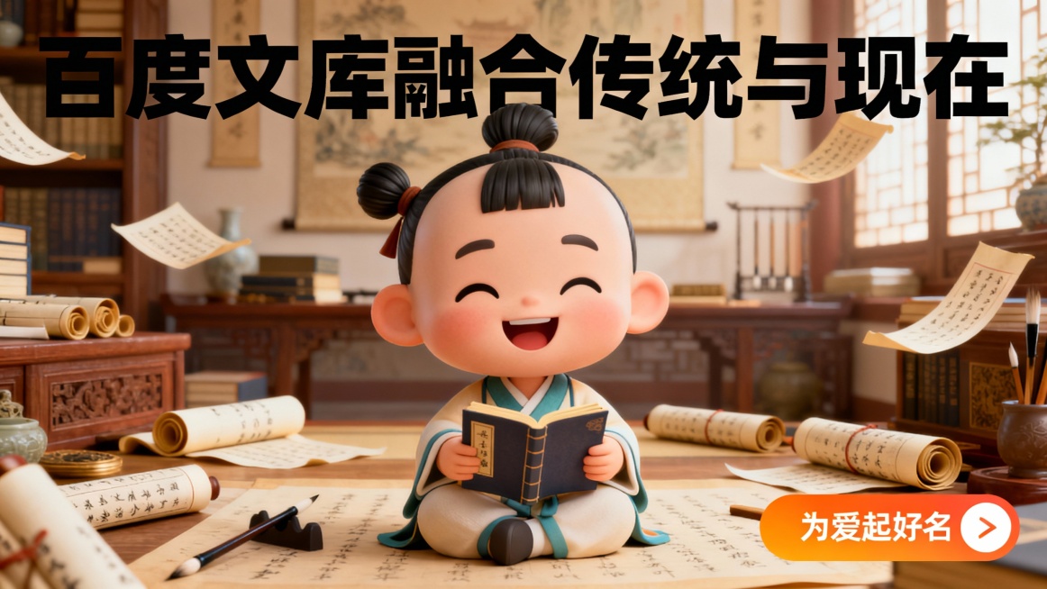 在横版构图中融入国风卡通风格，描绘了一位可爱的小宝宝（3D卡通婴儿），穿着传统服饰，梳着小辫，手捧古籍，笑容满面。背景是古代书房，周围散布着卷轴、毛笔等传统元素，彰显文化底蕴。核心文案以黑色粗体字突出预览效果