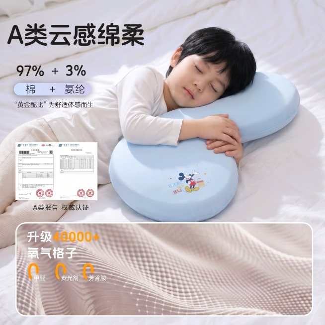保留原图中的儿童枕产品和所有文字信息，将模特的头发换成黑色，移除下方白色枕头区域，保持整体自然协调预览效果