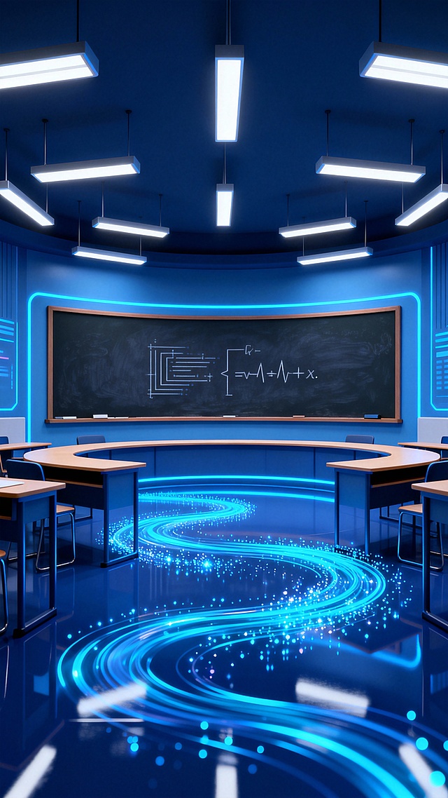 科技感十足的教育直播间背景，整体采用深邃蓝色调为主，搭配明亮的蓝色霓虹光效，营造出未来感与专业学习氛围。画面中央为环形教室布局，后方是深色黑板，上面隐约可见抽象的编程符号和数学公式线条。教室顶部悬挂着多盏条形冷白光照明灯，光线均匀照亮空间。地面呈现光滑的深蓝色反光材质，上面有流动的蓝色光带和闪烁的粒子效果，如同数据流般环绕汇聚，增强科技动态感。整体光影对比鲜明，高光部分明亮锐利，阴影过渡自然，保持3D渲染的细腻质感和清晰的视觉层次，适合作为在线编程课程直播的专业背景环境。